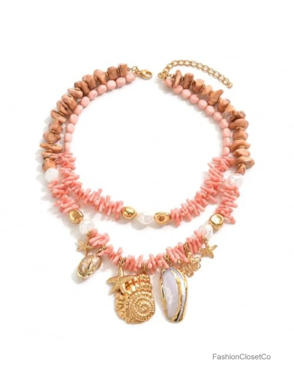 Pink Shell Charm Necklace for Women, Double Layer Irregular Chip Bead Statement